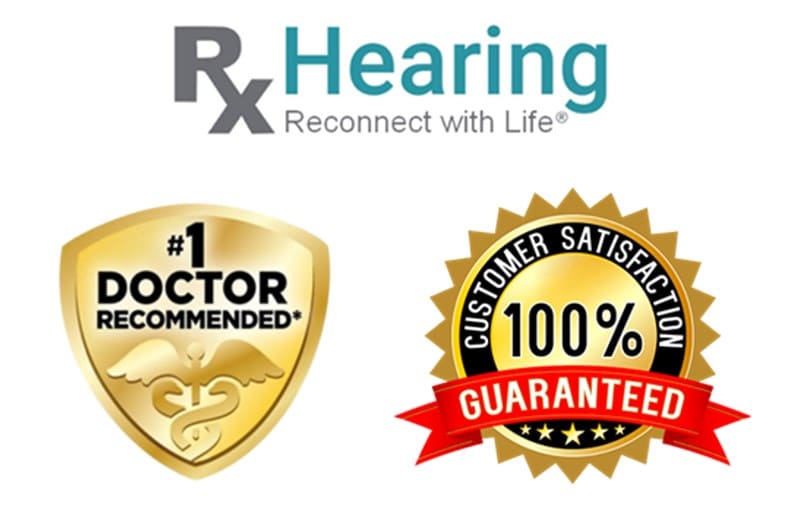 RxHearing logo with Doctor Recommend seal and 100% Customer Satisfaction Guarantee.